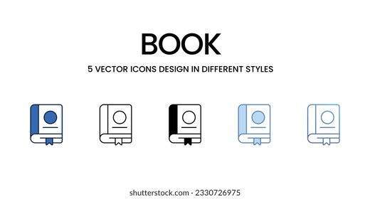 Buchen Sie Icon Design in Fünf-Stil mit Editable Stroke. Linie, feste, flache Linie, Duo Tone Farbe und Farbverlauf Linie. Geeignet für Webpage, Mobile App, UI, UX und GUI Design.