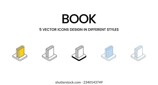 Book Icon Design in Five style with Editable Stroke. Line, Solid, Flat Line, Duo Tone Color, and Color Gradient Line. Suitable for Web Page, Mobile App, UI, UX and GUI design.