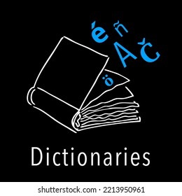 Book icon. Dictionaries. Vector drawing by hand on a black background.