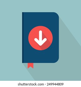 Book icon with download. Flat design. Vector illustration