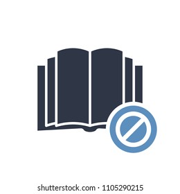 Book icon, education icon with not allowed sign. Book icon and block, forbidden, prohibit symbol. Vector illustration