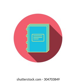 Book icon. Education sign. Red flat circle button. Linear icon with shadow. Vector