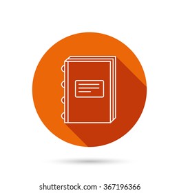 Book icon. Education sign. Round orange web button with shadow.
