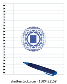 book icon emblem drawn with pen. Blue ink. Vector Illustration. Detailed.