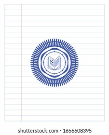 emblema del icono del libro con efecto de pluma. Tinta azul. Ilustración vectorial. Detallado.