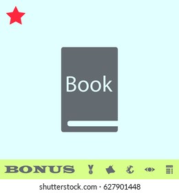 Book icon flat. Grey pictogram on blue background. Vector illustration symbol and bonus buttons medal, cow, earth, eye, calculator