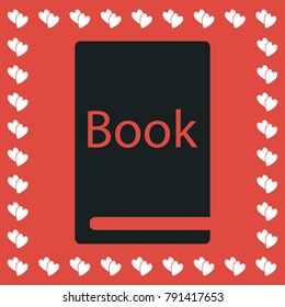 Book icon flat. Simple black pictogram on red background with white hearts for valentines day. Vector illustration symbol