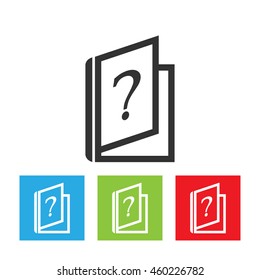 Book icon. Book half opened on first page with question sign. Faq picture. Read the rules vector illustration.