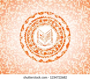 book icon inside abstract emblem, orange mosaic background