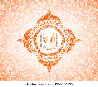 book icon inside abstract emblem, orange mosaic background