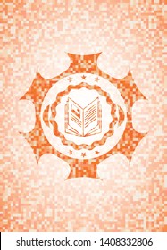 book icon inside abstract emblem, orange mosaic background