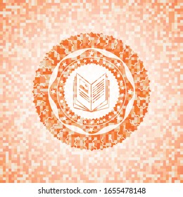 book icon inside abstract emblem, orange mosaic background