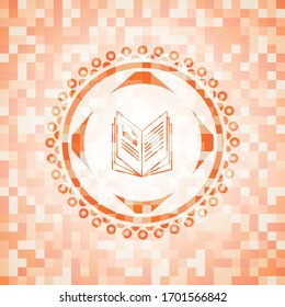 book icon inside abstract emblem, orange mosaic background