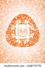 book icon inside abstract orange mosaic emblem with background