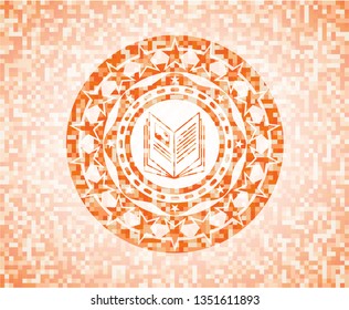 book icon inside abstract orange mosaic emblem with background