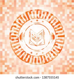 book icon inside abstract orange mosaic emblem with background