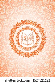 book icon inside abstract orange mosaic emblem with background