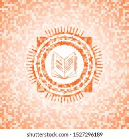 book icon inside abstract orange mosaic emblem with background