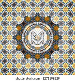 book icon inside arabesque badge background. arabic decoration.