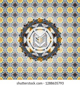 book icon inside arabesque badge background. arabic decoration.