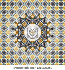 book icon inside arabesque style emblem. arabic decoration.