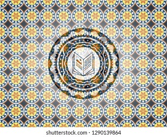 book icon inside arabic badge. Arabesque decoration.