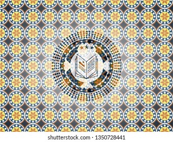 book icon inside arabic badge background. Arabesque decoration.