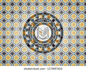 book icon inside arabic emblem background. Arabesque decoration.