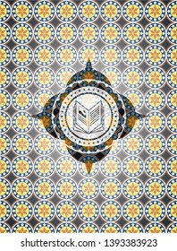 book icon inside arabic style badge. Arabesque decoration.