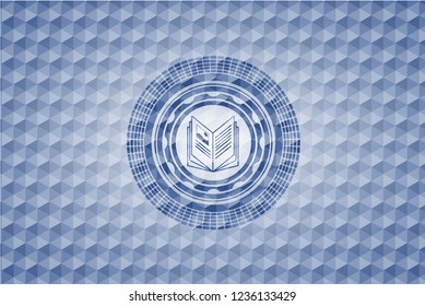 book icon inside blue badge with geometric pattern.