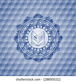 book icon inside blue badge with geometric pattern.