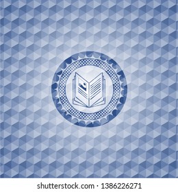 book icon inside blue badge with geometric pattern.