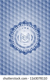 book icon inside blue emblem or badge with abstract geometric polygonal pattern background.