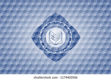 book icon inside blue emblem or badge with abstract geometric polygonal pattern background.