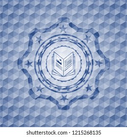 book icon inside blue emblem with geometric pattern.