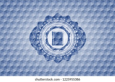 book icon inside blue emblem or badge with abstract geometric pattern background.