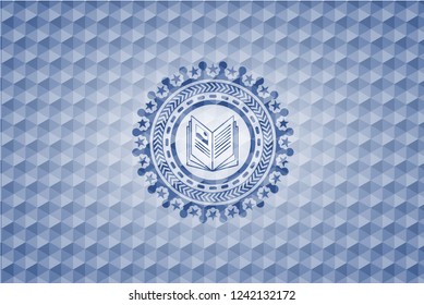 book icon inside blue emblem with geometric pattern.