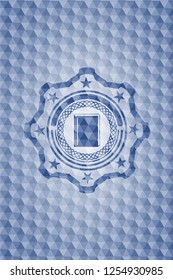 book icon inside blue emblem or badge with abstract geometric pattern background.