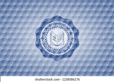 book icon inside blue emblem with geometric pattern.