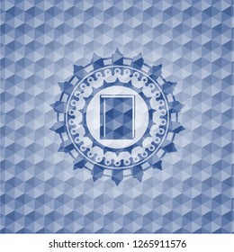 book icon inside blue emblem or badge with abstract geometric polygonal pattern background.