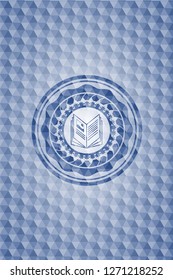 book icon inside blue emblem with geometric pattern.