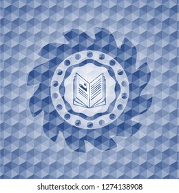 book icon inside blue emblem or badge with abstract geometric polygonal pattern background.