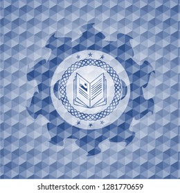 book icon inside blue emblem with geometric pattern.