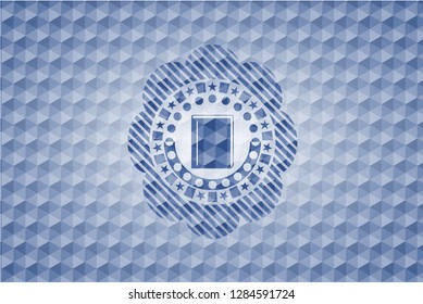 book icon inside blue emblem with geometric pattern background.