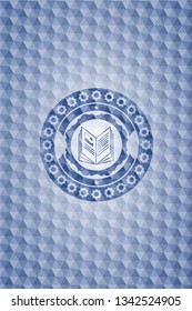 book icon inside blue emblem or badge with abstract geometric polygonal pattern background.
