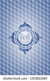 book icon inside blue emblem or badge with geometric pattern background.