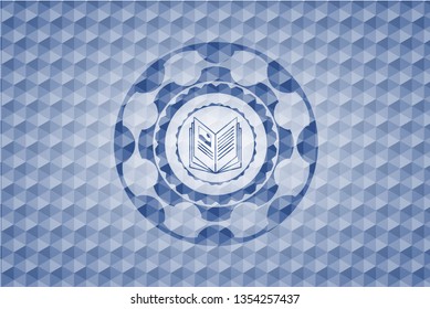  book icon inside blue emblem or badge with abstract geometric pattern background.