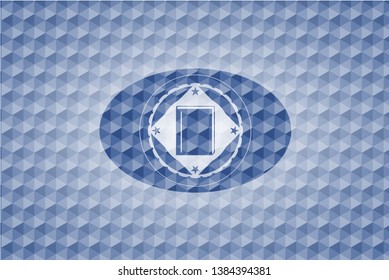 book icon inside blue emblem or badge with abstract geometric pattern background.