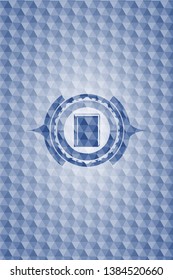 book icon inside blue emblem with geometric pattern background.