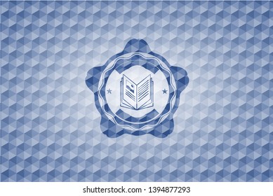 book icon inside blue emblem or badge with geometric pattern background.